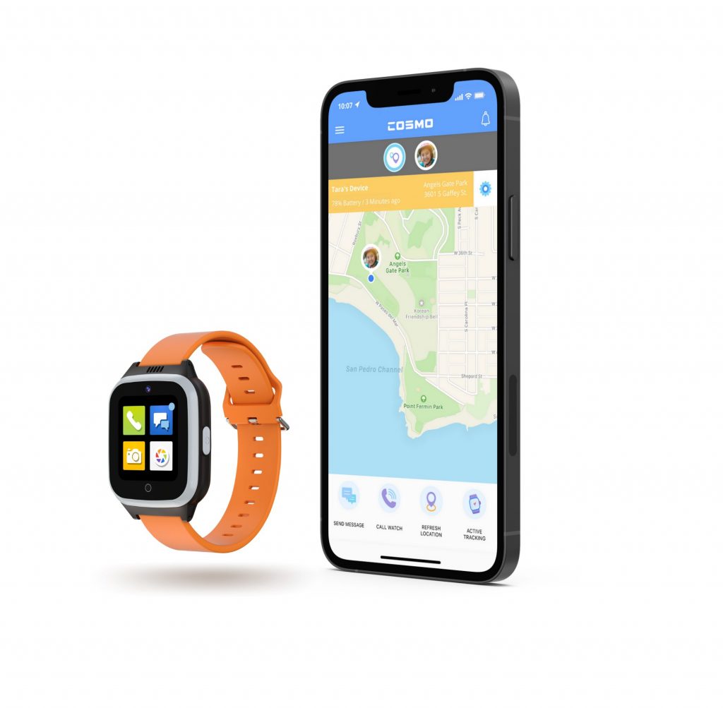 Cosmo JrTrack 2 kids smartwatch with mobile app side by side.